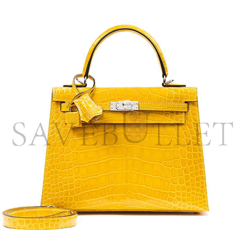 HERMÈS MASTER KELLY 25 NILE CROCODILE LEATHER AMBER YELLOW SILVER BUCKLE (25*17*7cm)
